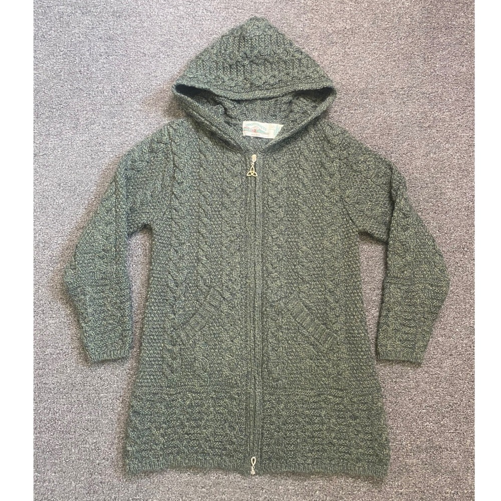 Aran Crafts Merino Wool Full Zip Cable Knit Hoodie Green Womens Small Ireland